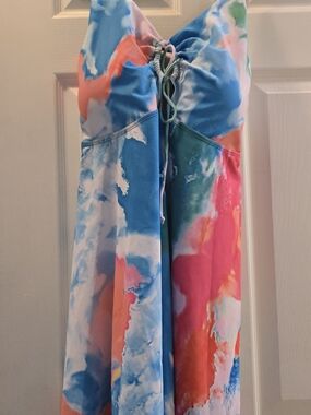Women's plus-size 24 Multicolor, flowy long Tie-Dye swim TOP  with Front Keyhole